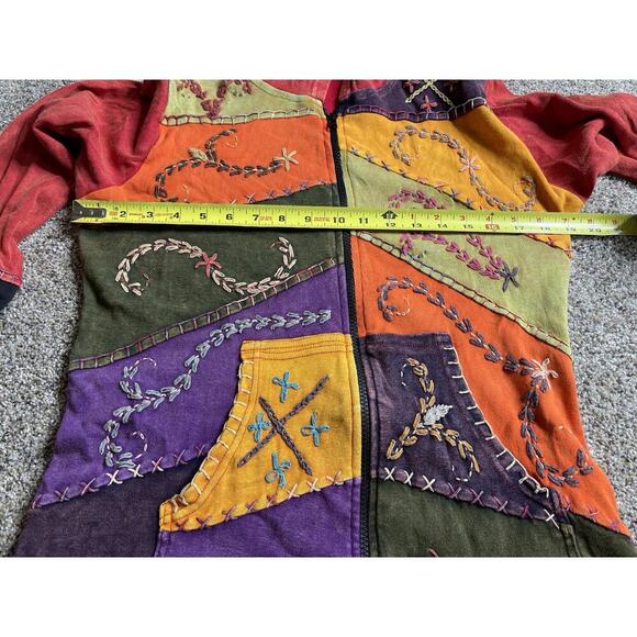New! Hippie Boho Nepal Hoodie Sweatshirt Womens Medium Colorful Patchwork - Picture 5 of 6